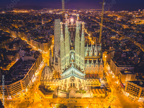 La Sagrada Familia in night - cathedral designed by Antoni Gaudi, which is being build since 1882 and is not finished yet February 14, 2019, in Barcelona, Spain.