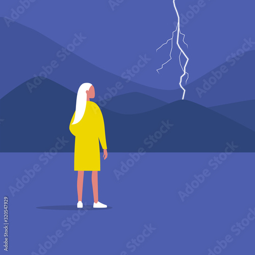 Thunderstorm, weather and nature. Young female character looking at the lightning, flat vector illustration