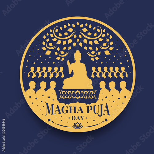Magha puja day banner with The Lord Buddha Preach monks in circle sign vector design