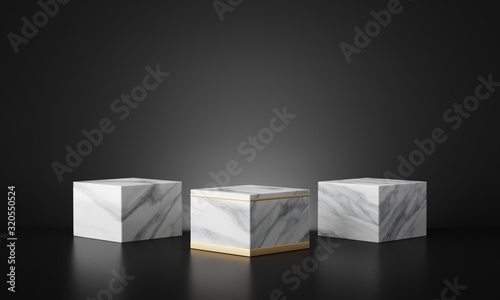White marble geometric podium with dark black background. 3d rendering - illustration.