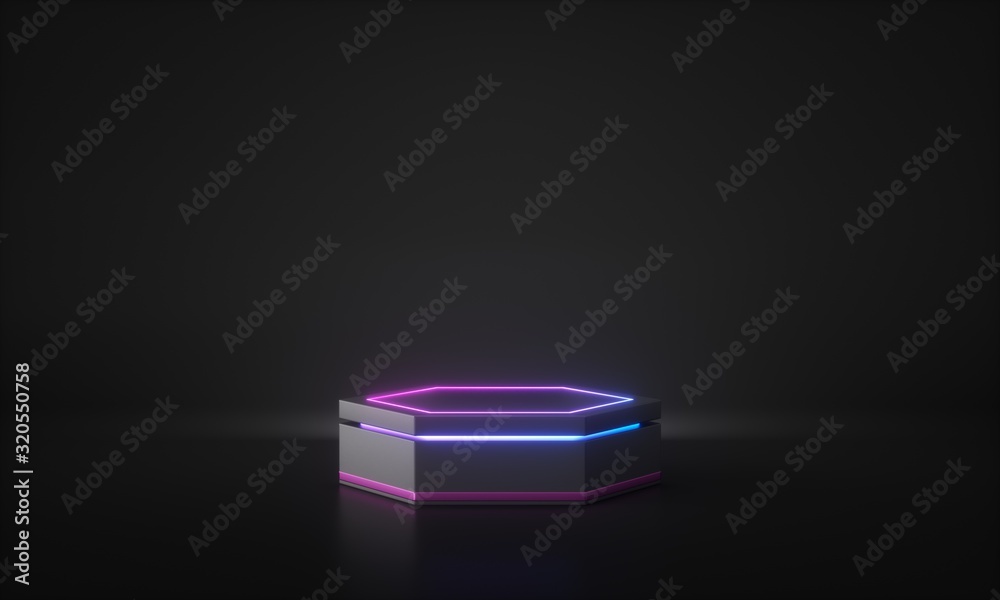 Futuristic podium in dark room with colorful neon light. Technology concept. 3d rendering - illustration. Futuristic podium in dark room with colorful neon light. Technology concept. 3d rendering - illustration.
