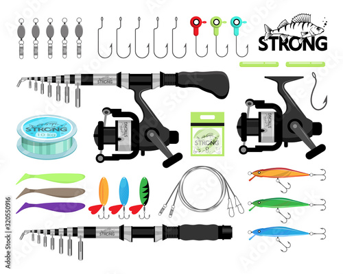 Spin fishing. Rod spinning. Fishing equipment. Fishing tools and hook. Set of tackle, fish, rod, sport, equipment, bait. Fishing emblems, labels and logo. Active Leisure on Nature.