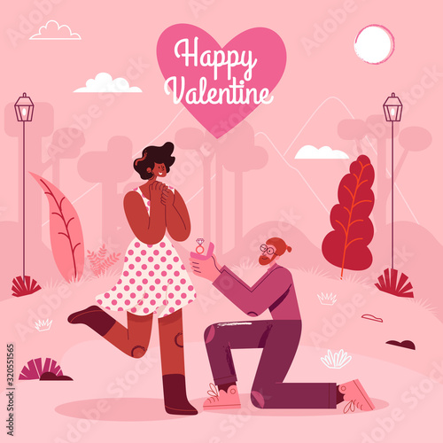 Valentine's Day greeting card. Man Kneeling Offering Engagement Ring to his Girlfriend. modern flat style vector illustration