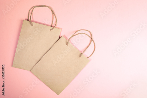 Blank mockup with two paper bags on pink background. Zero Waste holiday, shopping or sale concept.