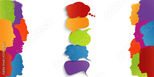 Speech bubble. Communication connection group of diverse multiethnic people.Speak. Information sharing.Communicating talking sharing ideas and thoughts.Social network.Socializing and informing