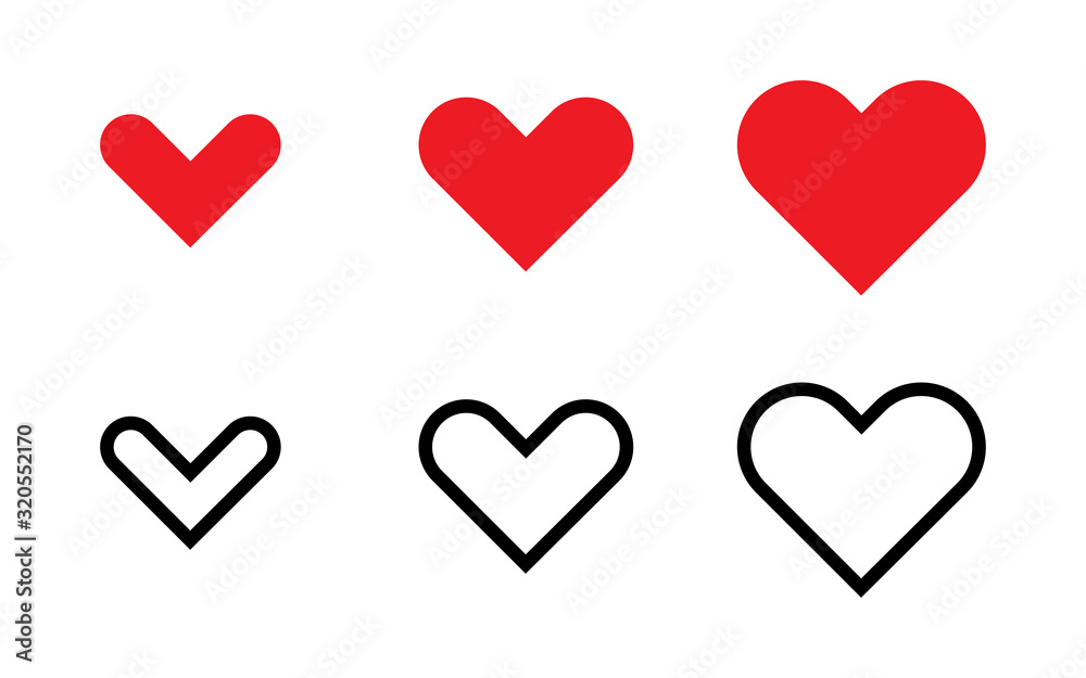 Hearts icons collection. Red and black Heart vector icons. Hearts in modern flat and linear design, isolated on white background. Vector illustration
