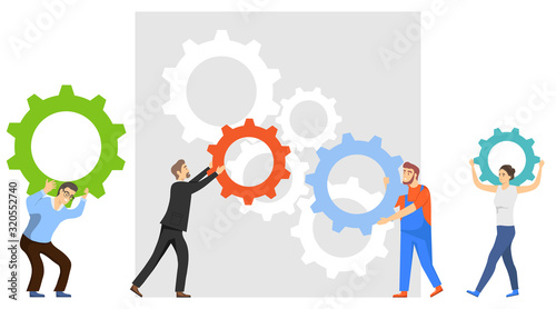 Teamwork, cooperation. Group of mini people characters stack gears. Put the gears together. Vector illustration.