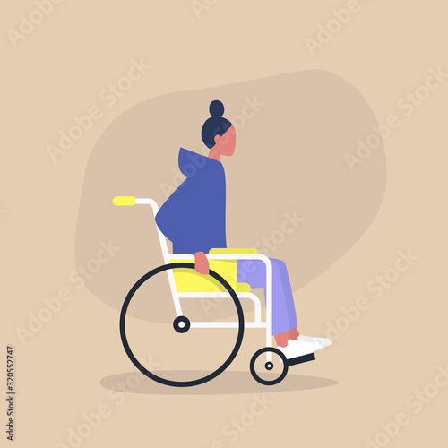 Disability in a daily life, Young disabled female character sitting in a wheelchair