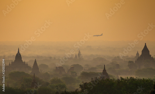 Foggy sunrise over the ancient pagodas of Bagan
