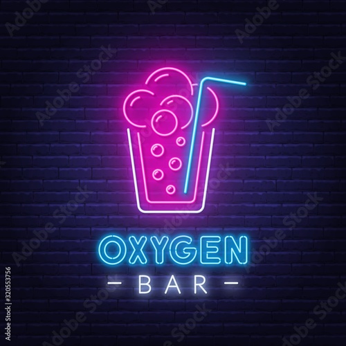 Neon lettering oxygen bar. Neon sign oxygen cocktail on a dark background.