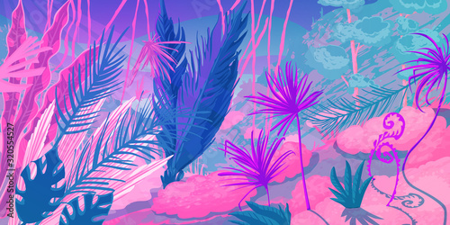 Wild tropical landscape at forest with jungle plants. Fantasy nature scenery in pink and purple colors. Vector illustration