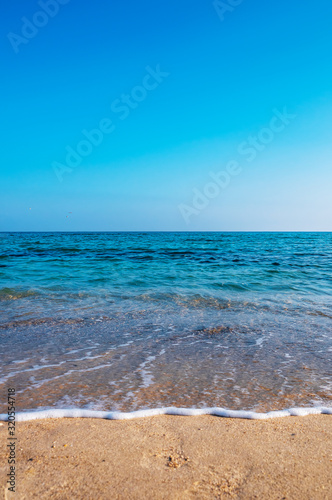 Seascape. Waves running on the sandy shore. Shore of the sea or ocean on a nice day. Vacation and relaxation by the sea.