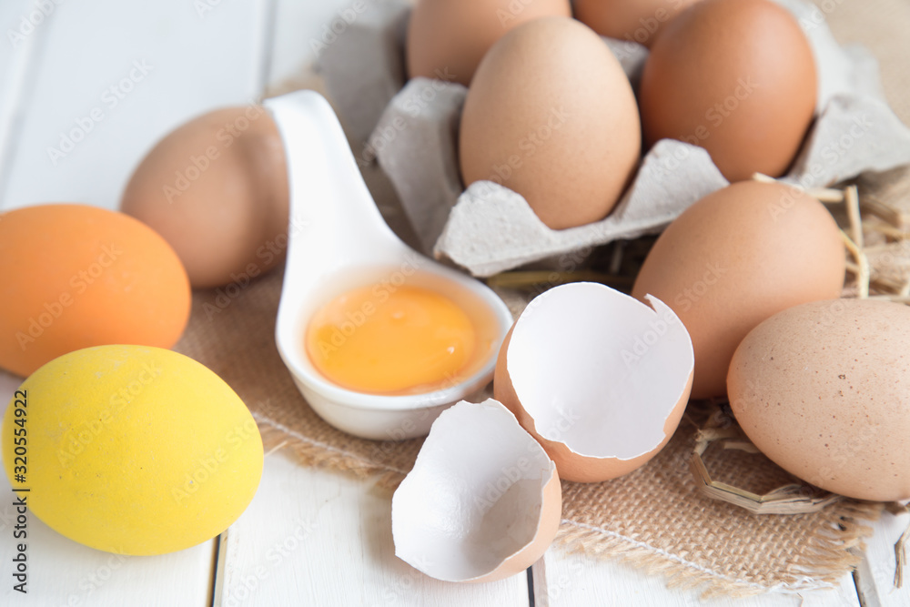 Eggs chicken on white wood background Eggs chicken on white wood background