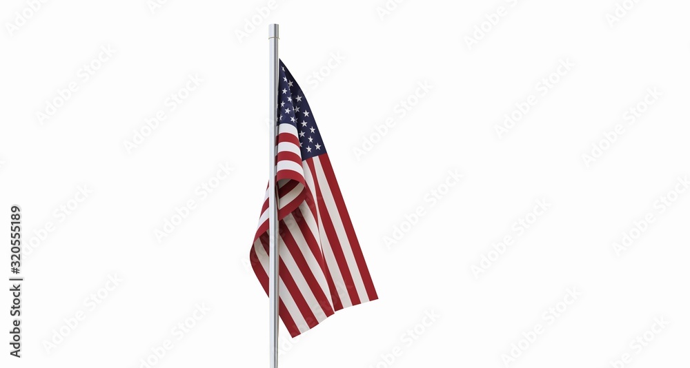 USA flag on flagpole. American flag on flagpole isolated on white. 3D-rendering.