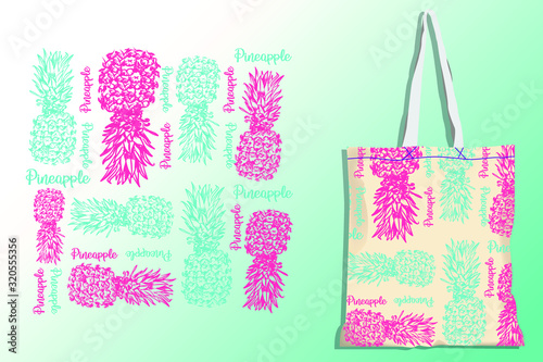 Pineapple pink and aquamarines , handmade illustration design with pineapple text as repetition background for reusable bag 