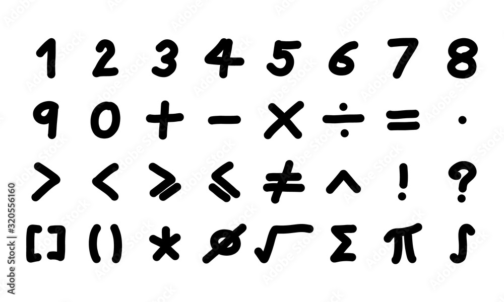 Black color handwriting of number and mathematics symbol on white background Black color handwriting of number and mathematics symbol on white background