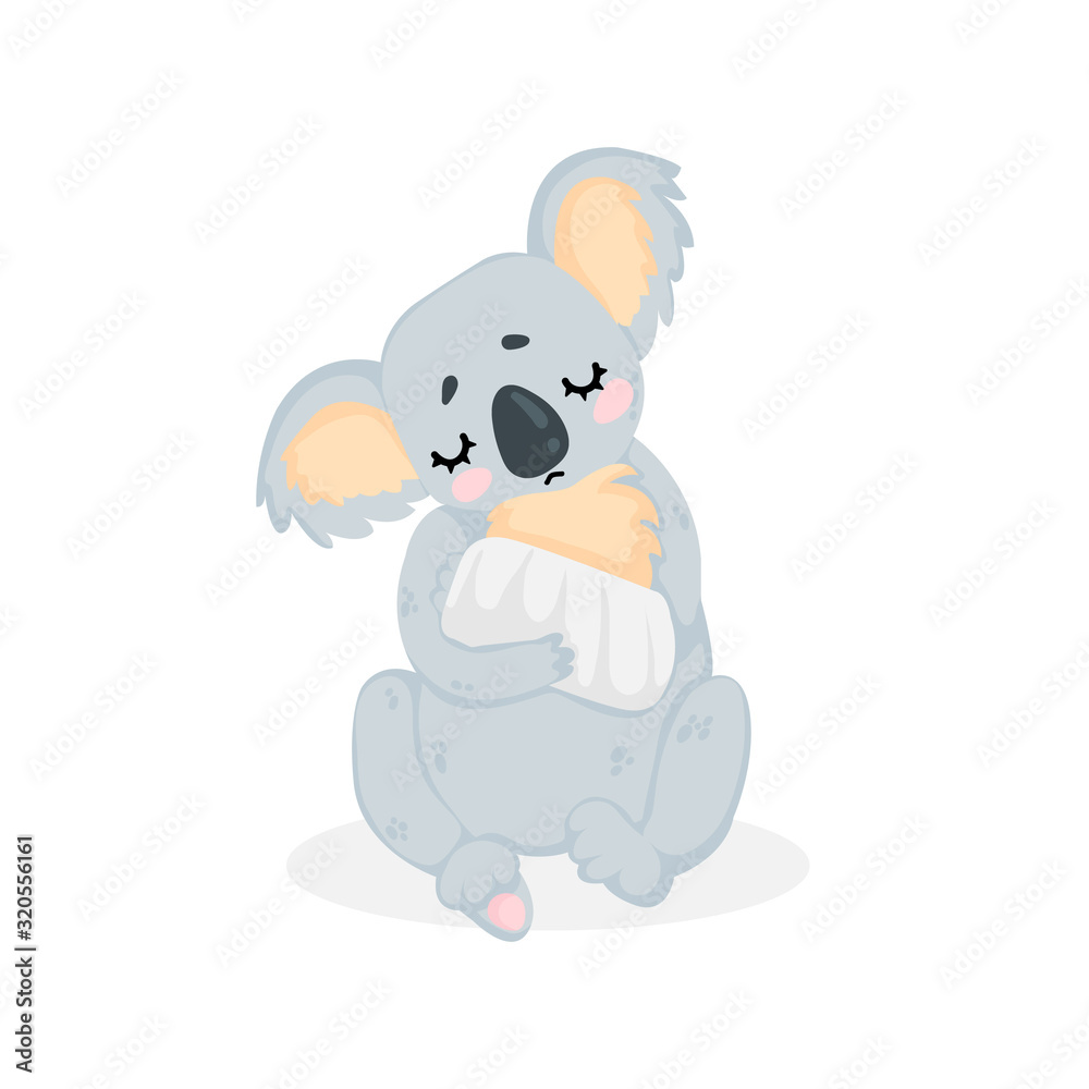 Vector hand drawn illustration of a cute little koala bear with bandaged paw in cartoons style. Isolated on white background. A little sad koala has a sore of paw. Art in childish style. Vector hand drawn illustration of a cute little koala bear with bandaged paw in cartoons style. Isolated on white background. A little sad koala has a sore of paw. Art in childish style.