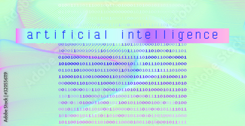 Glitched screen with binary code and wavy grid. Concept illustration for Artificial Intelligence, Big Data and Machine Learning technologies.