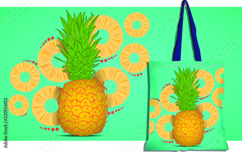 Reusable bag vector: pineapple illustration with some slices in the back with a aquamarine colors background