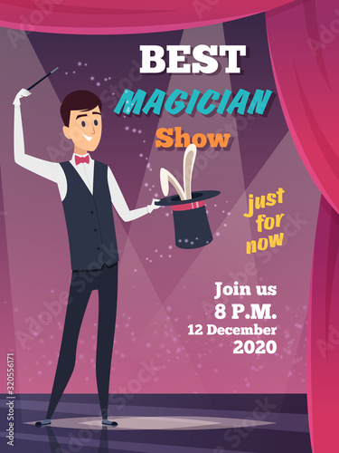 Magic show poster. Magician character show tricks wizard with mystery cap vector placard invitation. Magic show, magician cartoon mystery, trick magical performance illustration