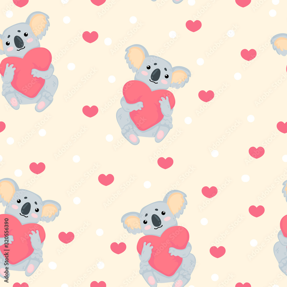 Vector hand drawn seamless pattern with cute koala bear hugging pillow with heart shape in cartoons style on begie background with dots and hearts. Repeated background with funny koala and hearts. 