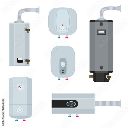 Water boiler. Household modern technology heater systems water tanks vector illustrations set. Boiler and heater tank for water household