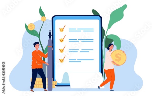Money survey. Online questionnaire, election concept. People filling review, get money for reviews vector illustration. Business money review, finance marketing plan