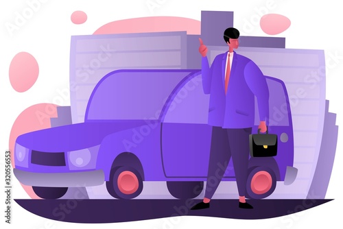 Flat man smiling with car city background
