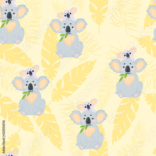 Vector hand drawn seamless pattern with cute mother koala and her baby on pastels yellow background with tropical leaves. Repeated background with illustration of a funny koala mama and baby. 