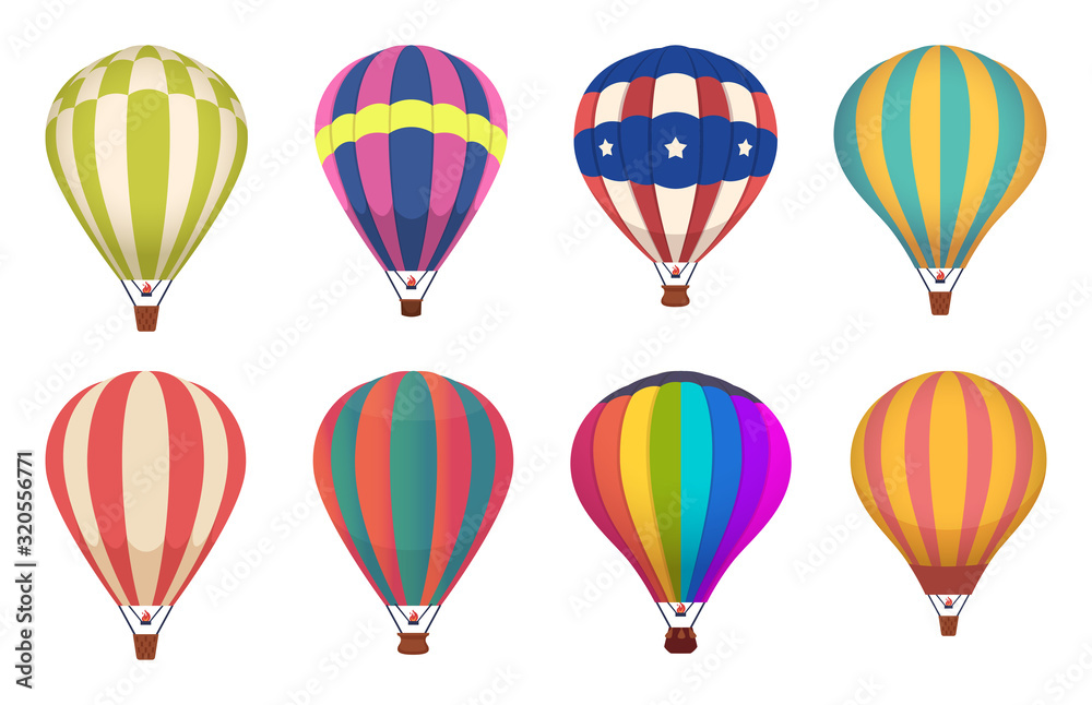 Hot air balloon. Colored aircraft transport with basket sky airing flight vector collection. Sky basket air, hot balloon, aircraft flight transport illustration