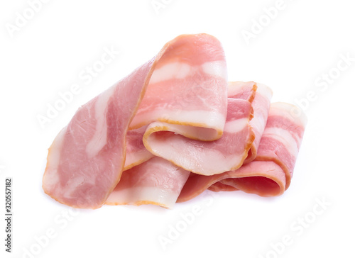 Fresh sliced bacon on white background