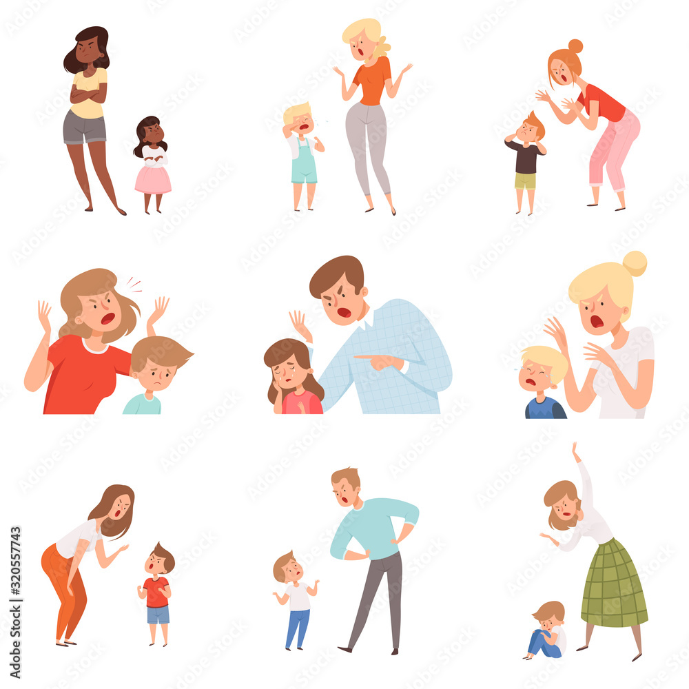 Sad parents. Angry dad punish son scared kids expression reaction crying childrens vector pictures. Illustration parent and kid, child discipline, problem conflict Sad parents. Angry dad punish son scared kids expression reaction crying childrens vector pictures. Illustration parent and kid, child discipline, problem conflict