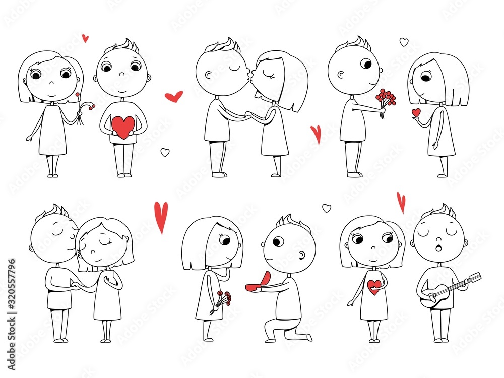 Love couple. Male and female doodle stylized characters romantic walk together valentine day vector concept. Doodle man and woman, female male couple illustration Love couple. Male and female doodle stylized characters romantic walk together valentine day vector concept. Doodle man and woman, female male couple illustration