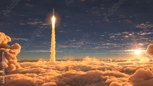 Rocket flies through the clouds at sunset photo