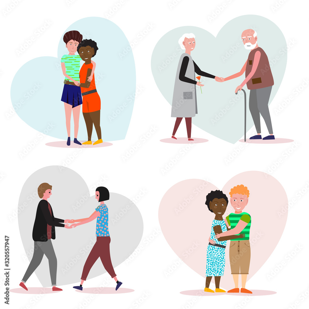 Set of loving couples on a background with hearts. Valentine Day template. Man and woman holding hands. Two girls embrace and holding hands Set of loving couples on a background with hearts. Valentine Day template. Man and woman holding hands. Two girls embrace and holding hands