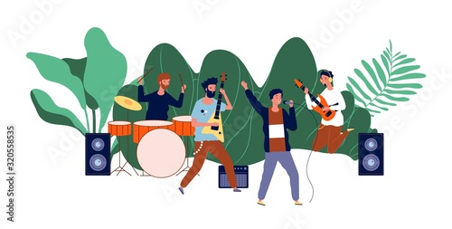 Male team concert. Boys band, men musicians or pop group. Open air rock festival, music event vector illustration. Rock band, guitarist and drummer