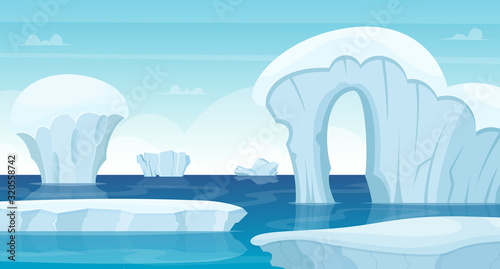 Ice rocks background. North pole landscape white iceberg in ocean winter cold outdoor travel concept vector. Ice mountain in ocean water, white winter nature illustration