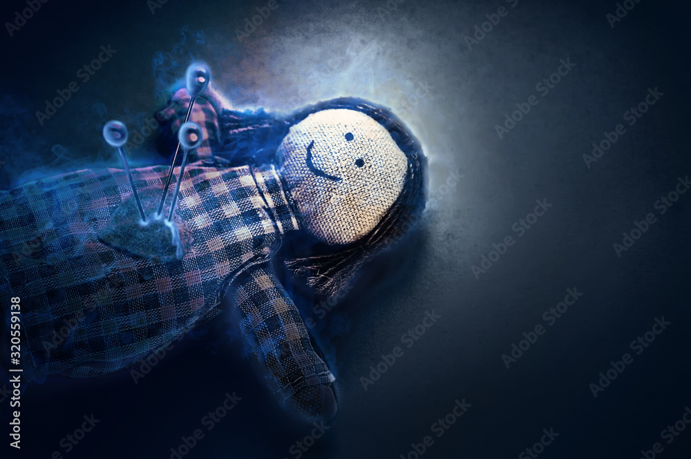 Scary voodoo woman doll at dark dramatic background with pins in it and ...