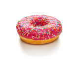 Donut with pink icing on a white background