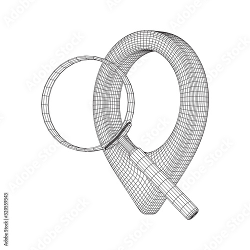 Location pin geo mark icon for travel with magnifying glass. Search path navigator concept. Wireframe low poly mesh vector illustration