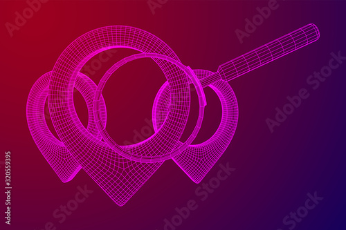 Location pin geo mark icon for travel with magnifying glass. Search path navigator concept. Wireframe low poly mesh vector illustration
