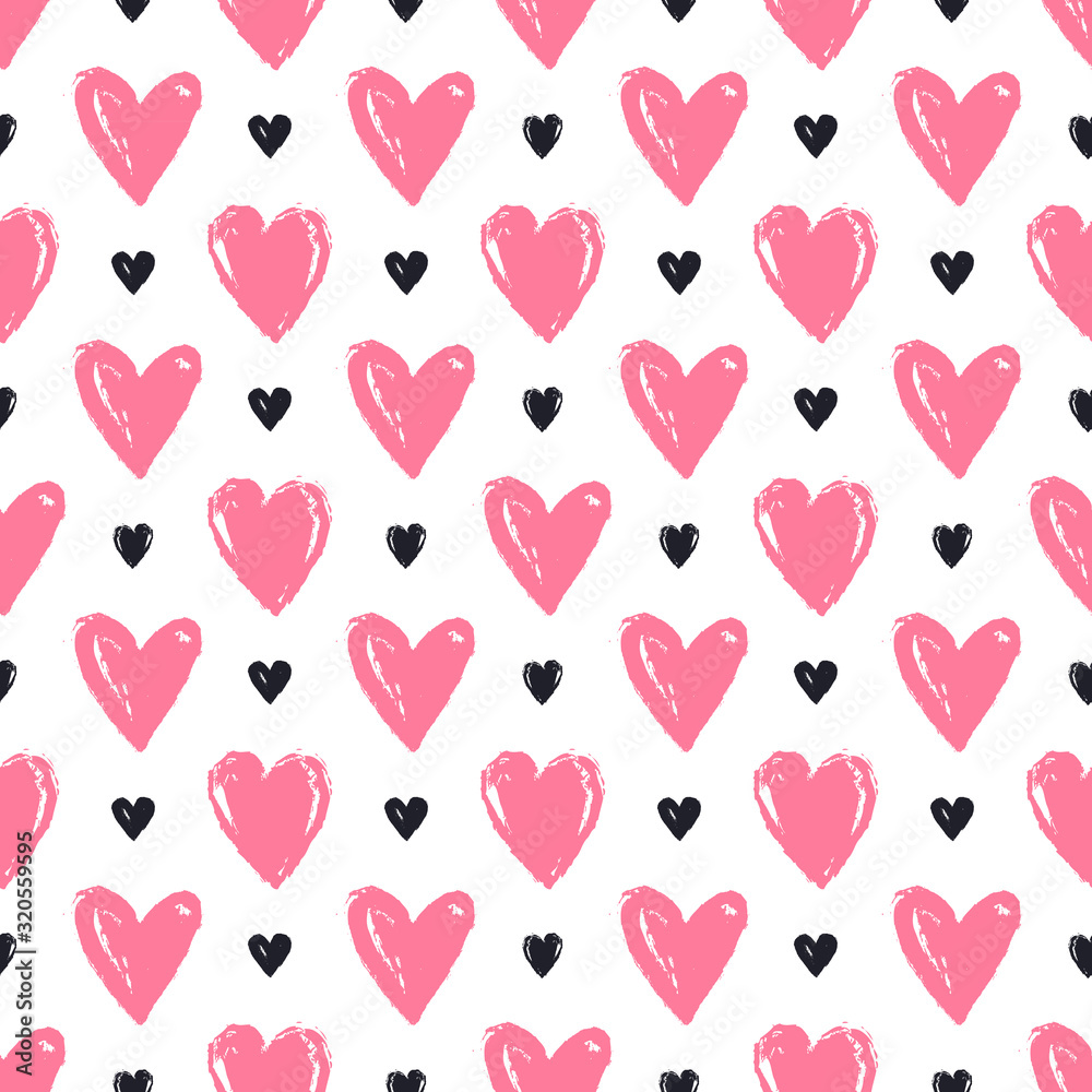 Love seamless pattern with hand drawn hearts. Vector background.