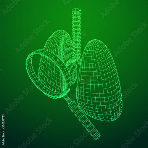Lungs with trachea bronchi internal organ human with magnifying glass. Pulmonology medicine science analysis concept. Wireframe low poly mesh vector illustration