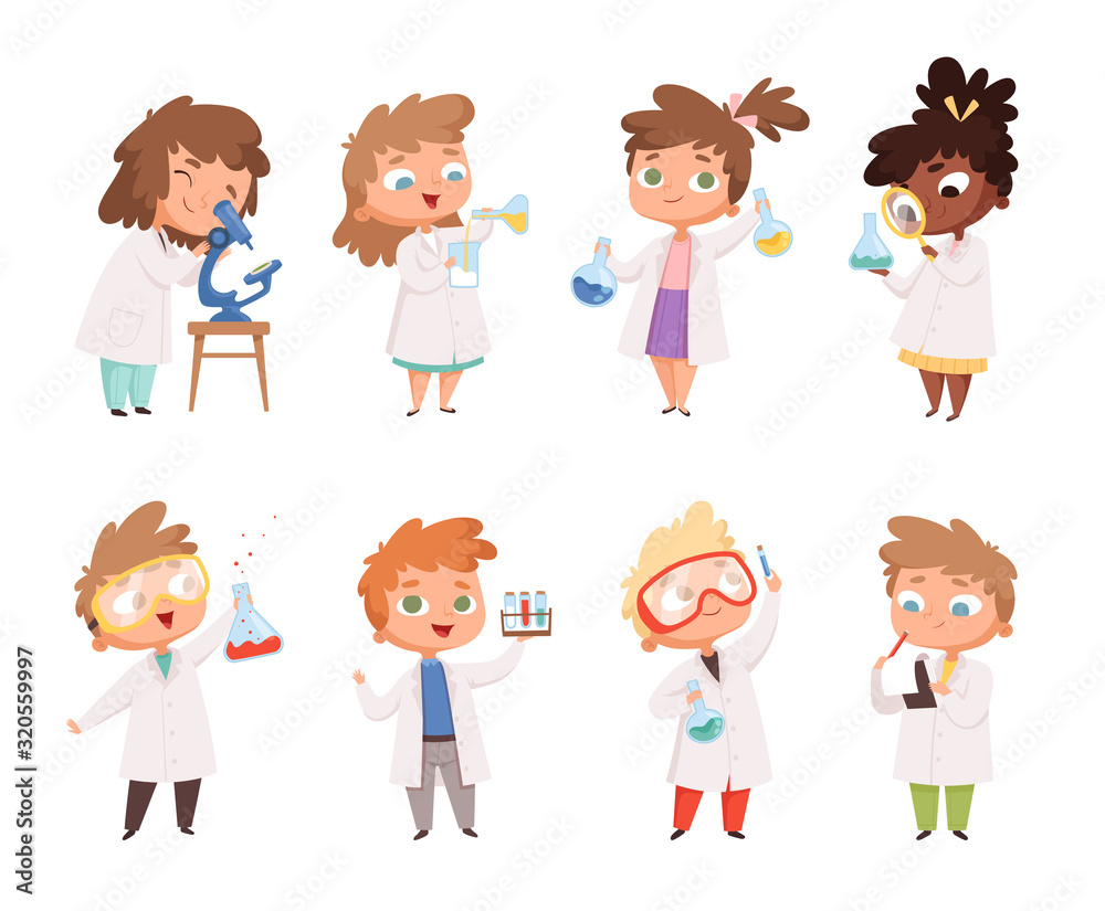 Science kids. Childrens in chemistry lab boys and little girls vector funny people. Lab science, chemistry kids in laboratory education experiment illustration Science kids. Childrens in chemistry lab boys and little girls vector funny people. Lab science, chemistry kids in laboratory education experiment illustration