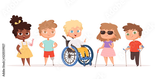 Disability kids. Children in wheelchair unhealthy people handicapped vector people. Disability child, kid handicap cartoon illustration