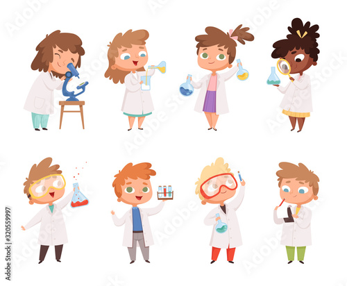 Science kids. Childrens in chemistry lab boys and little girls vector funny people. Lab science, chemistry kids in laboratory education experiment illustration
