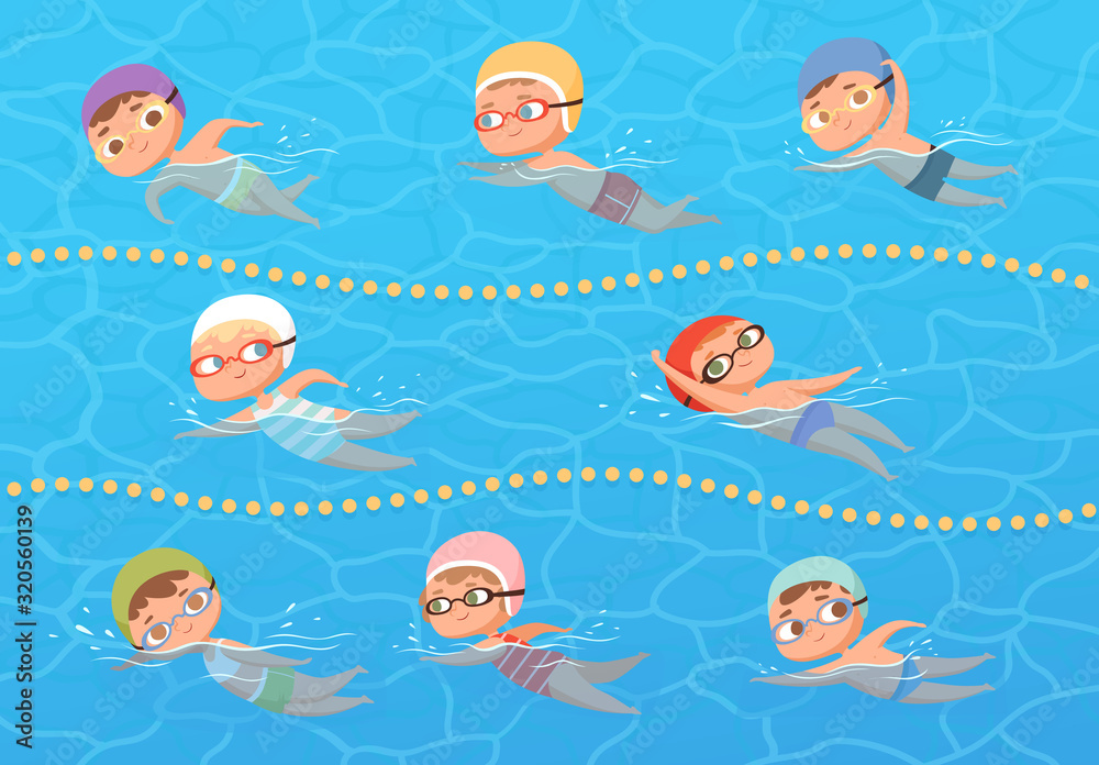 Kids in water pool. Children sport education swimming lesson vector cartoon  clipart. Sport pool water, childhood fun, boy and girl swim illustration  Stock Vector | Adobe Stock