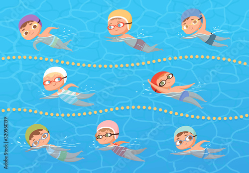 Kids in water pool. Children sport education swimming lesson vector cartoon clipart. Sport pool water, childhood fun, boy and girl swim illustration