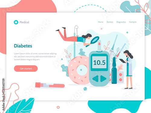The glucose control, the rejection of sugar and therapy with injections of insulin. Medicine diabetes concept. Flat vector illustration.