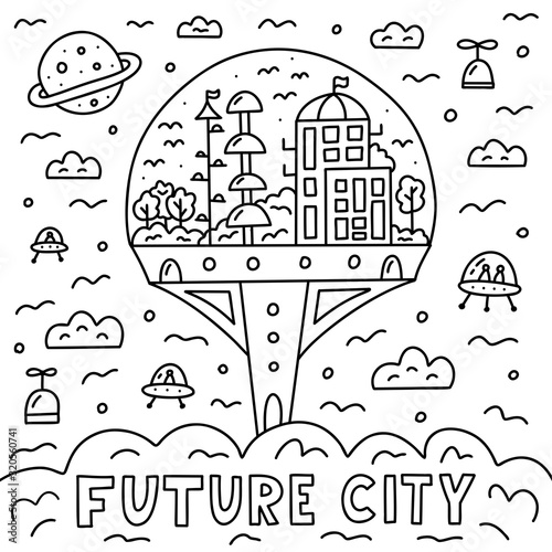 Future city. Monochrome doodle composition with city under the dome and hand lettering. Print for coloring books. Vector illustration. 